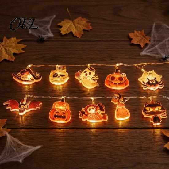 Portable LED Lights for Garden Balcony Halloween String Lights, Pumpkin Ghost Spider Battery Operated Fairy Spooky Black Cat Light Decorations Party,