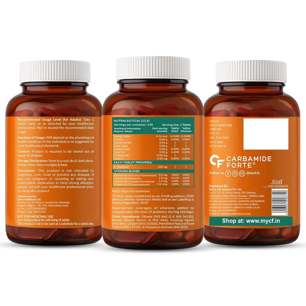 Carbamide Forte L Theanin 200mg mit Vitamin B-Komplex 120 Veg-Tabletten für Fokus Energie Stimmung Entspannung