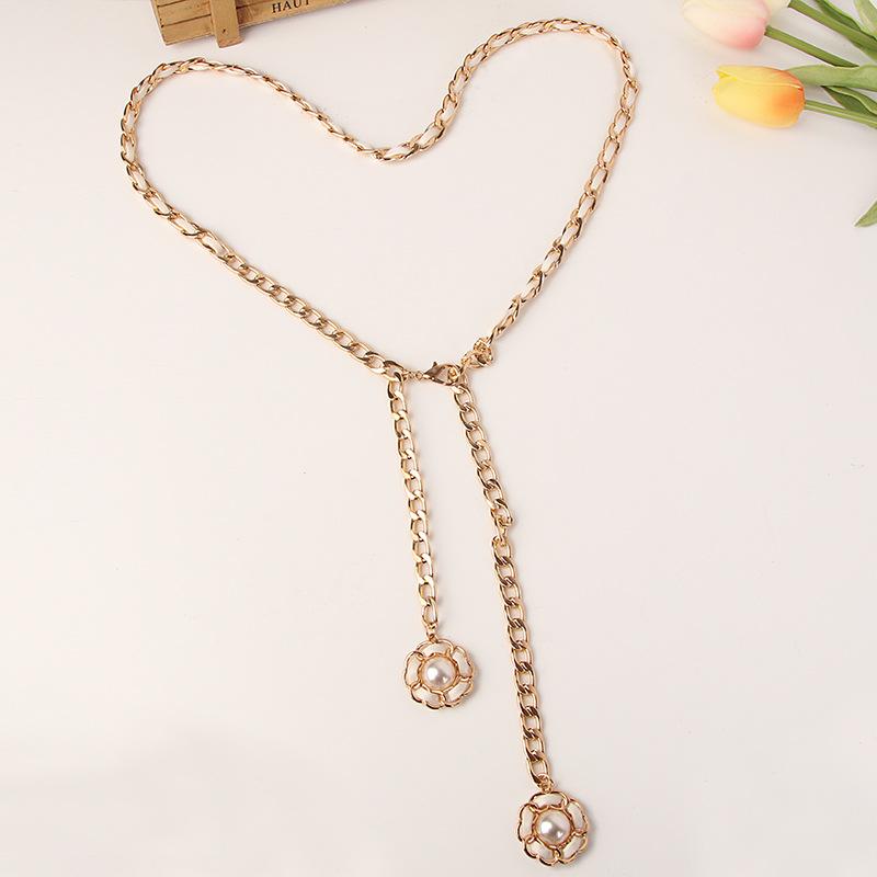 Sanyicai Women'S Waist Chain Metal Wear Leather Belt Dress Small Fragrant Wind Hanging Pearl Pendant Aluminum Chain With Jeans