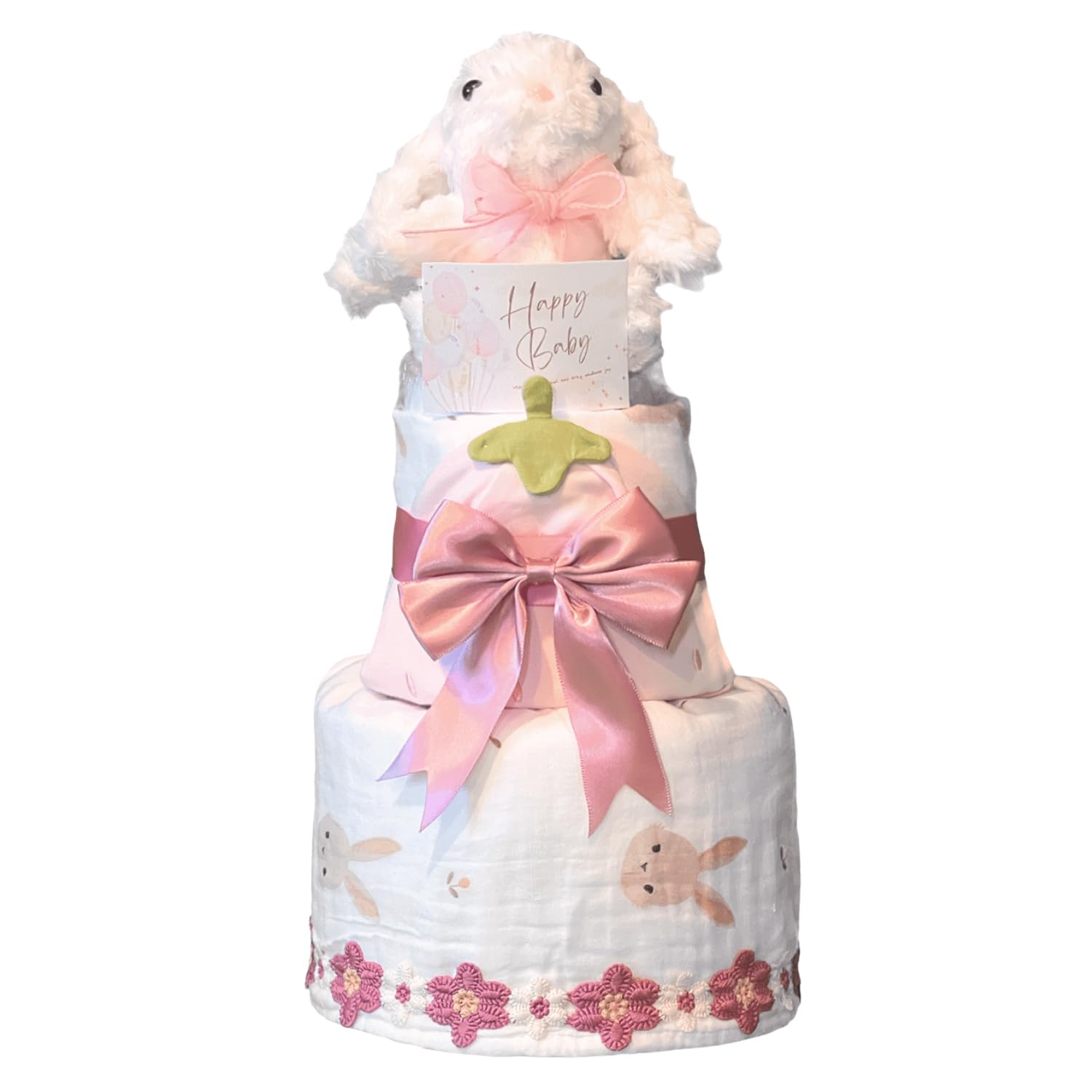 

Cute two-tiered diaper cake with a bunny design, perfect for baby showers, baby shower gifts, baby girl or boy, with a baby hat. Pink (Medium)