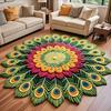 Bedroom Floor Mat Peacock Feathers Area Rug Round Feather Flower Non-Slip Living Room Decorative for Dining