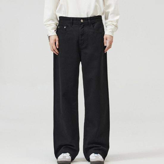Men Pants Solid Color Straight Wide Leg Retro Style Pants with Pockets Zippered Trousers for Daily Home Streetwear Sports