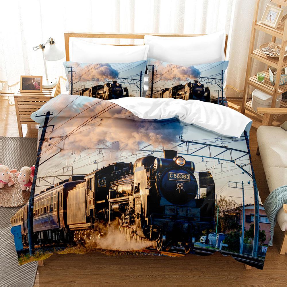Steam Engine Duvet Cover Set Black Smoke Vintage Locomotive Train Picture King Queen Size For Kid Boy Girl Polyester Bedding Set