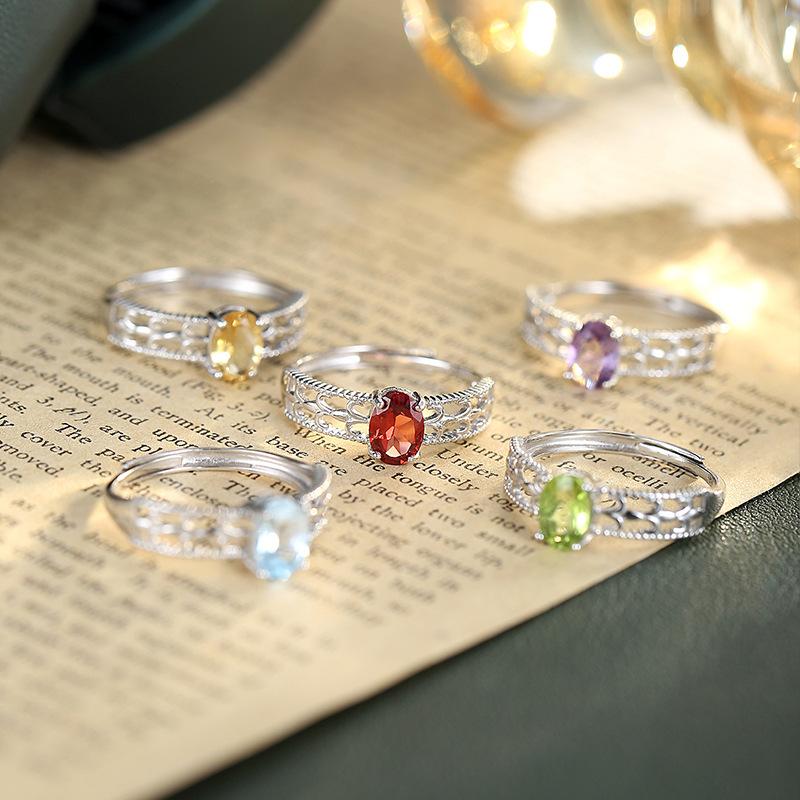 S925 sterling silver adjustable ring women's natural crystal stone jewelry hollow high-end design light luxury ring daily gift