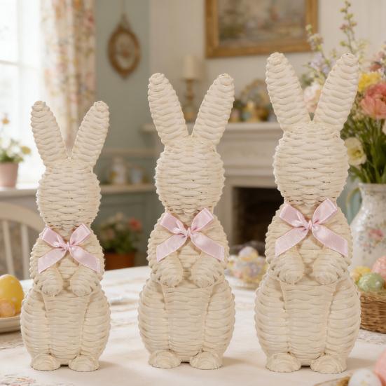 Rattan Effect Resin Easter Bunny Figurine Wicker Rabbit Statue with Bow for Spring Table Centerpiece Indoor Outdoor Patio Yard Farmhouse Home Decor