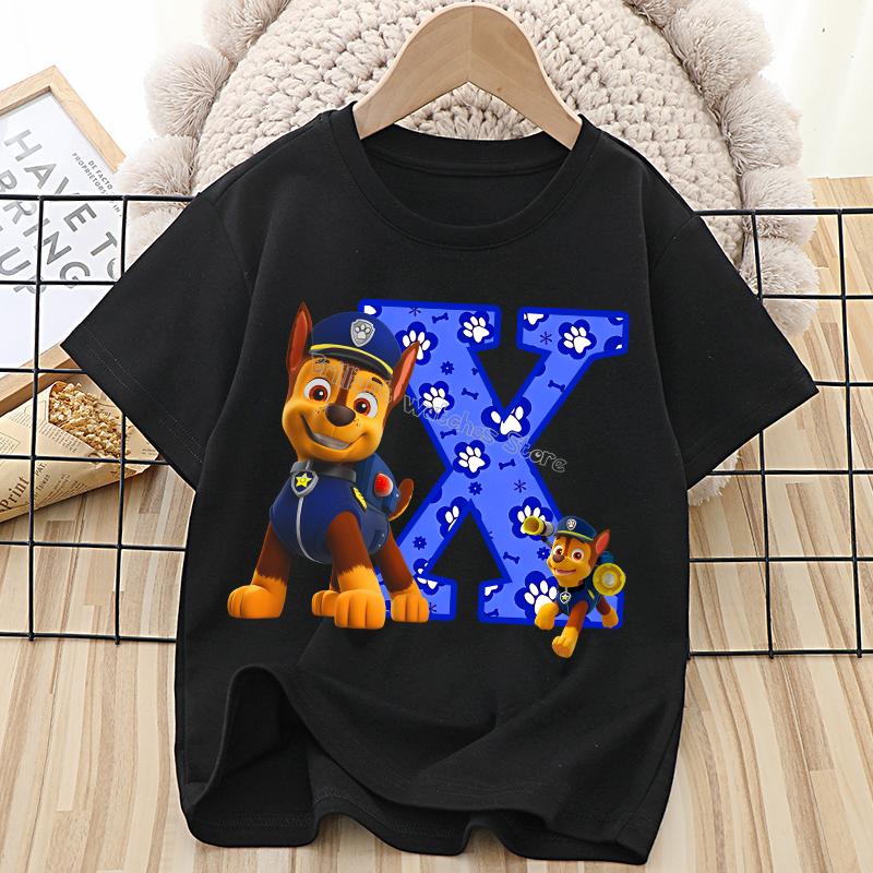 Paw Patrol Chase T-shirt for Children Cartoon Letter A-Z Tee Top Kawaii Round Collar Clothes Fashion Kids Black Clothing Gift