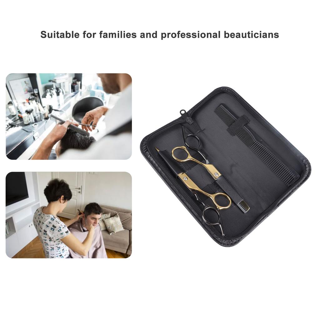 Hair Cutting Scissors Stainless Steel Manual Flat Teeth Scissors Set for Barber Salon Home Black Gold