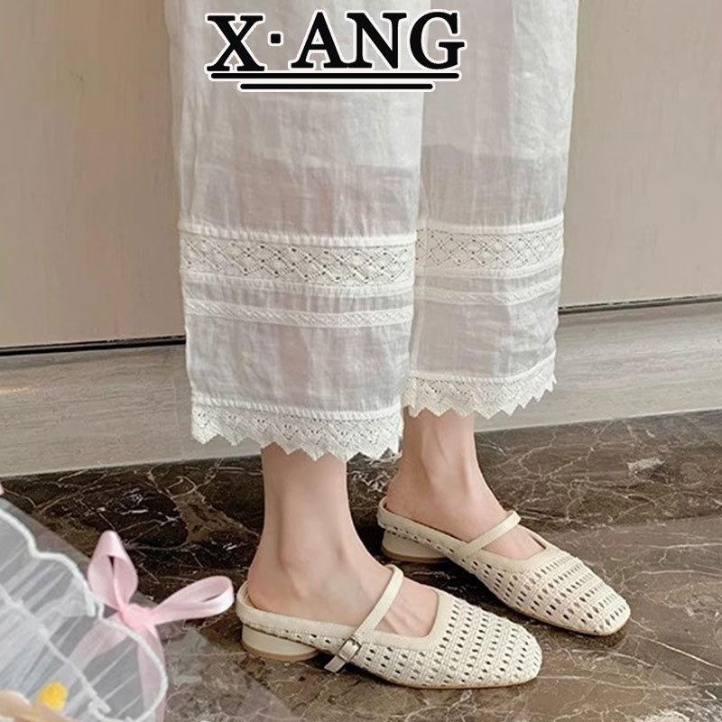 Sheepskin hand-woven hollow bag head Mary Jane slippers women's summer wear with skirt thick heel sandals beach sandals