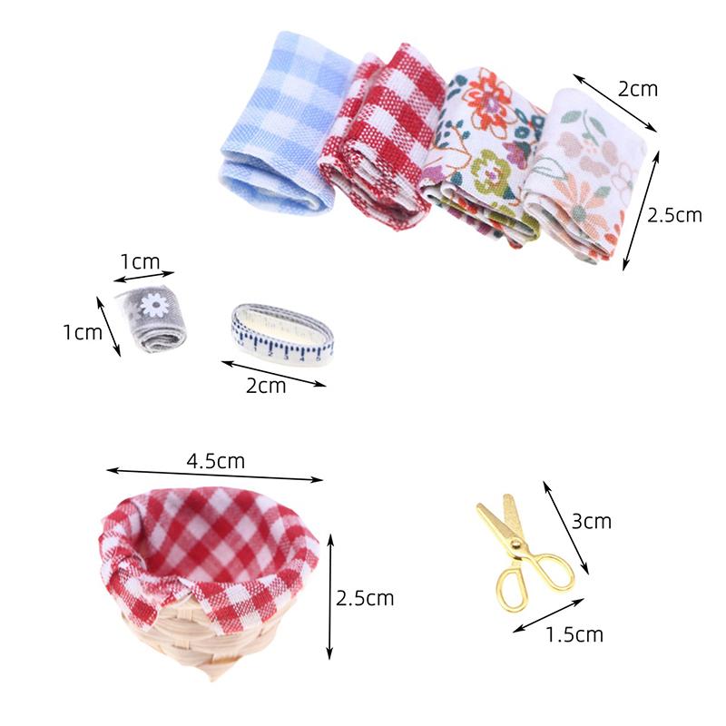 1Set Miniature Sewing Fabric Basket Ruler Scissors Home Model Decor Toy Doll House Accessories