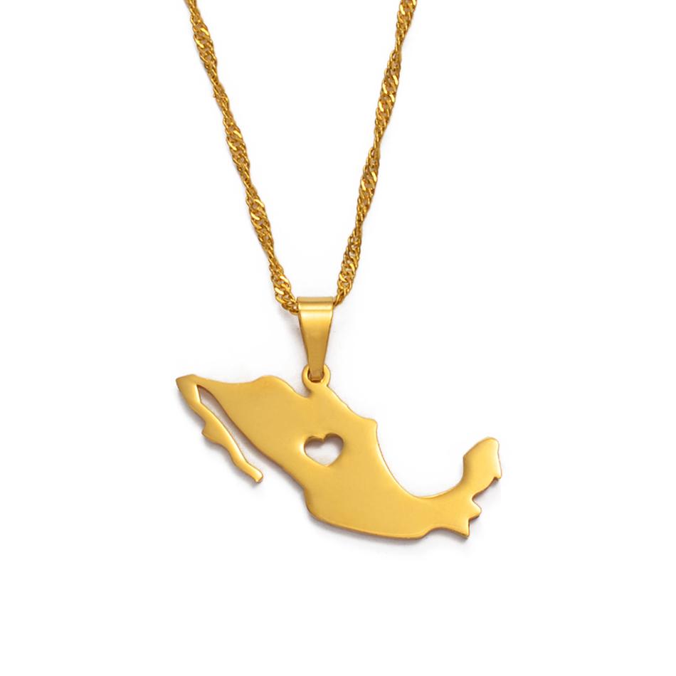Anniyo Heart Mexico Map Pendant Necklace for Women Mexican Jewelry Maps #004821 45cm OR 17.7 Inches