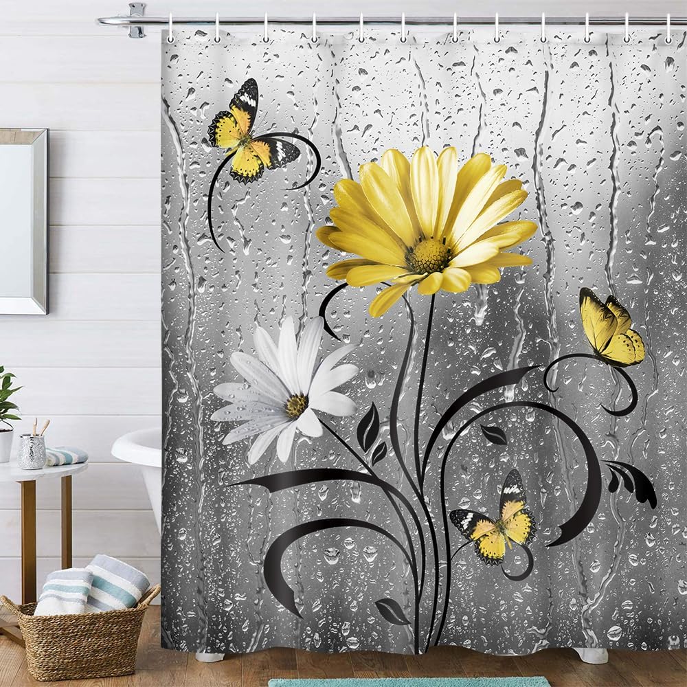 

Rustic Yellow Floral Boho Shower Curtain With Daisy Flowers & Butterflies – Country Farmhouse Style, Grey Surreal Floral Design W60H190(CM)-1 Pcs