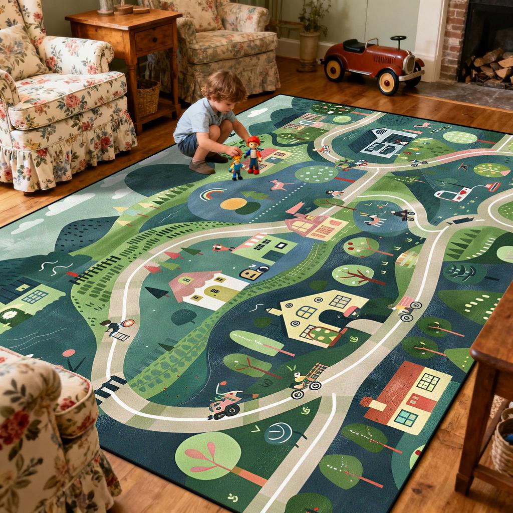 Children Amusement Park Living Room Carpet Thickened Short Velvet Cartoon Road Large Rugs Decor Bedroom Baby Crawling Mat Floor