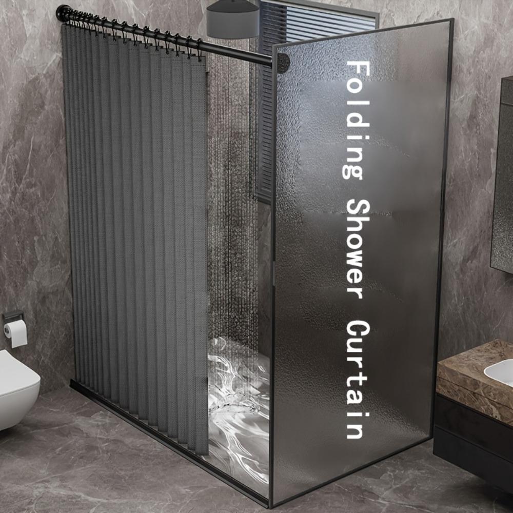 Gray Foldable High-Temperature Resistant Polyester Bathroom Partition Curtain with Hole Hook - Wave Style, Machine Washable,Bathroom Decor