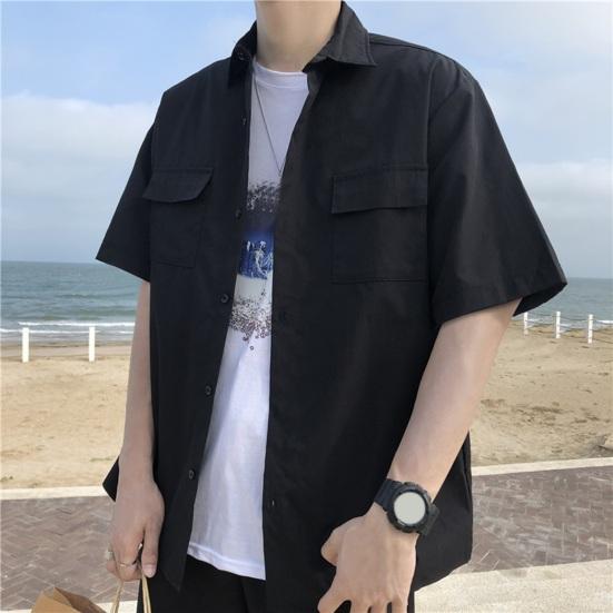 Wiosenna męska koszula cargo z kołnierzykiem, zapinana na jeden rząd guzików, luźna, krótka, w jednolitym kolorze, z kołnierzykiem i rękawami, odzież uliczna, robocza, do dojazdów, do biura, top