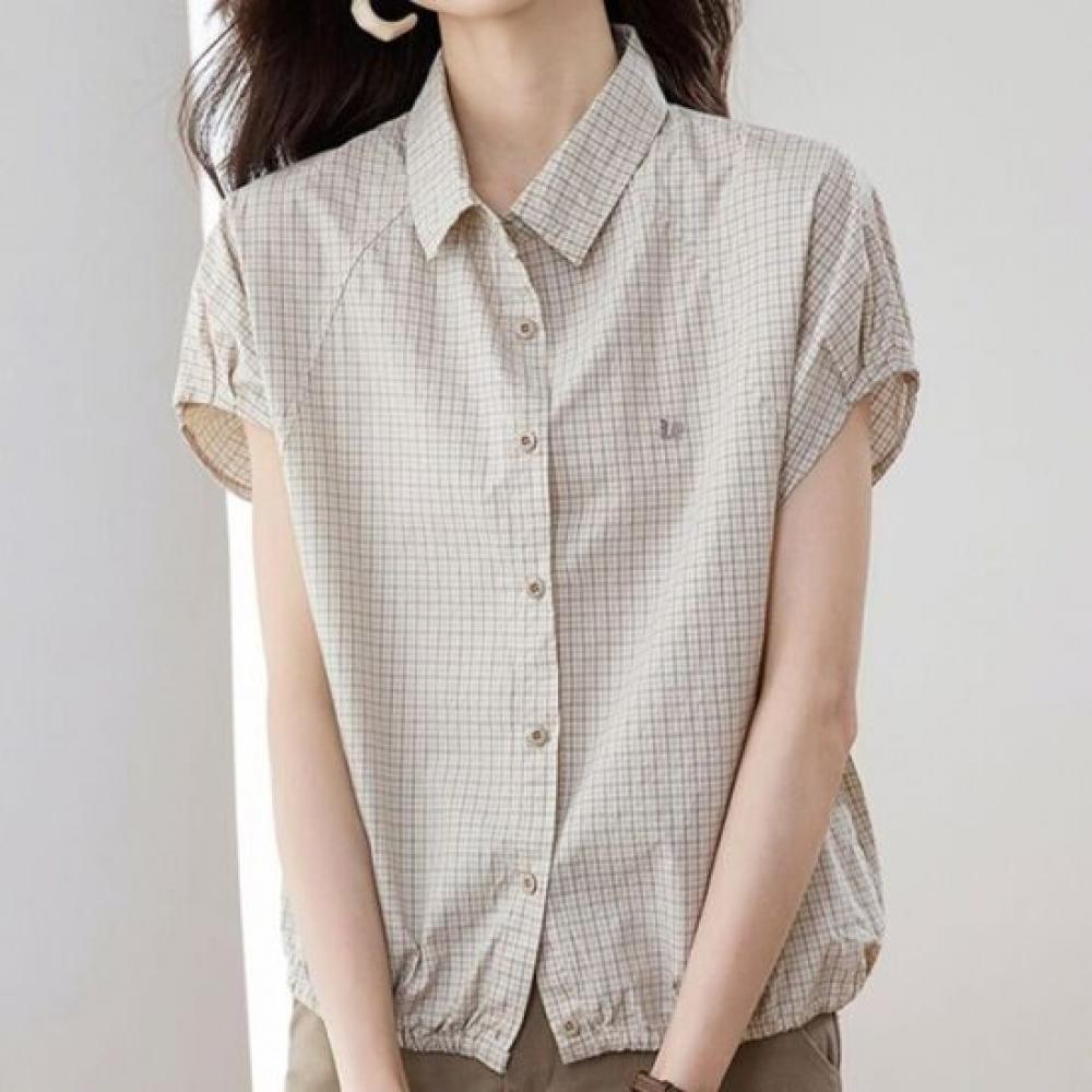 Navava Women Retro Check Cap Sleeve Collar Shirt Nb3151