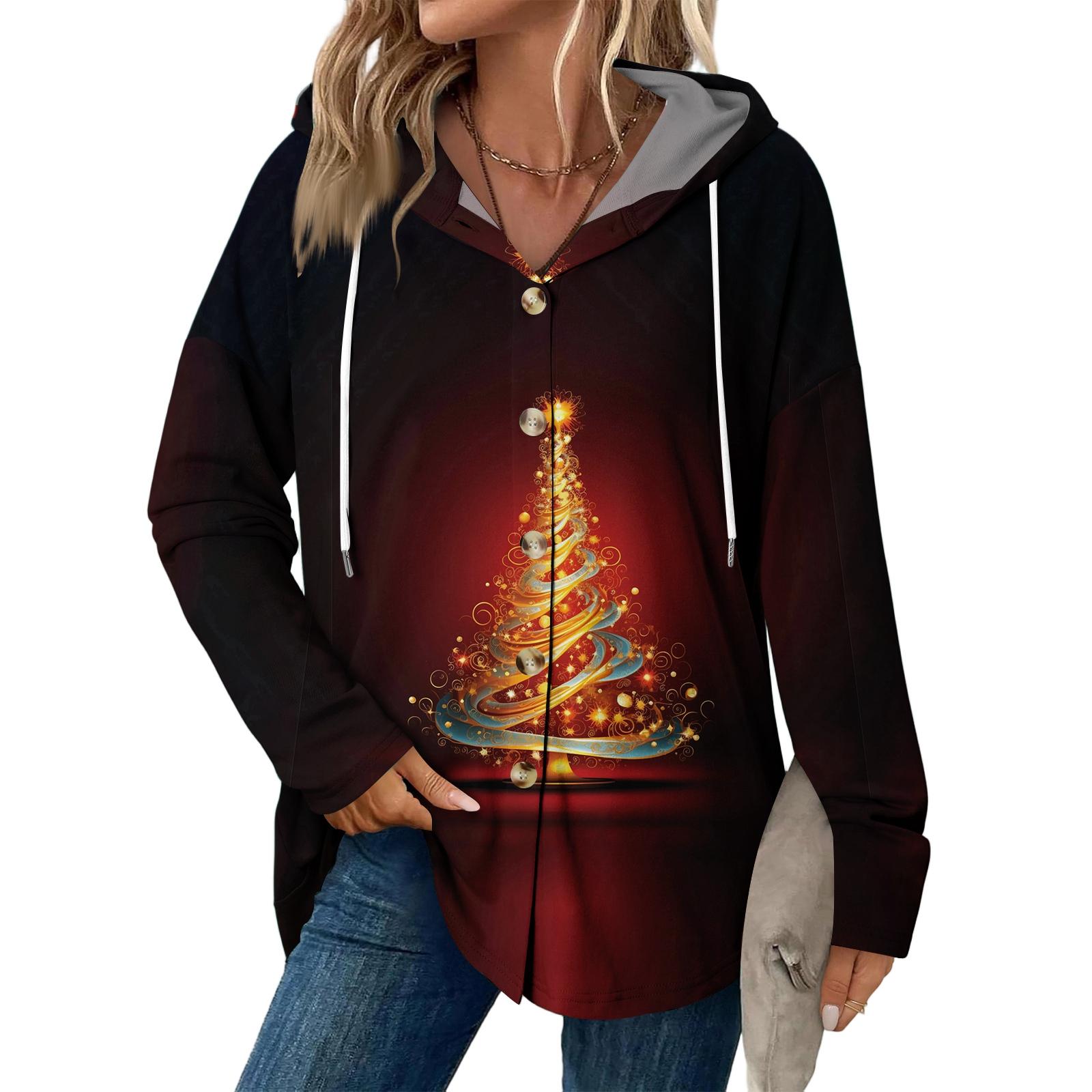 

Рождественская женская мода Повседневная куртка с длинным рукавом реглан на кулиске Винтажная куртка на пуговицах с капюшоном XL винный