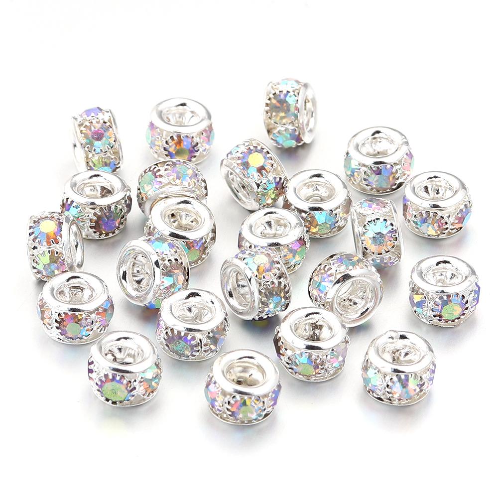 10pcs/lot Brass Rhinestone Metal Spacer Beads Big Hole Crystal Loose Beads For Jewelry Making DIY Necklace Bracelet Accessories