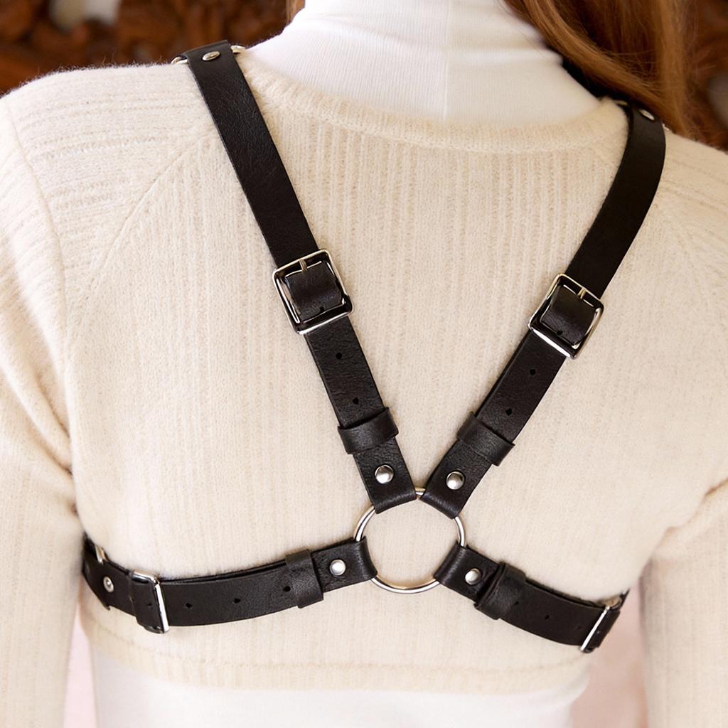 Women's Pentagram Leather Harness Bra Top - Adjustable Strappy Gothic Bralette, Vegan Leather, Rave Outfit, Emo Style