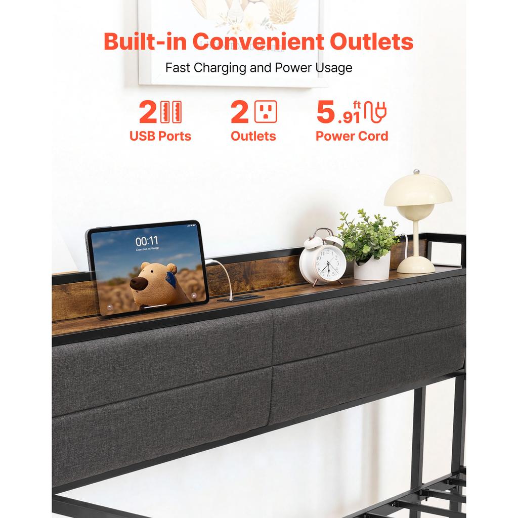 SucceBuy Twin/Full Size Daybed Frame Day Bed w/ Trundle and Charging Station w/Metal Slats Support for Living Room Easy Assembly