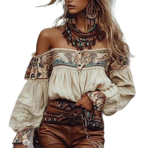 Off Shoulder Blouse with Colorful Pattern and Unique Sleeve Design