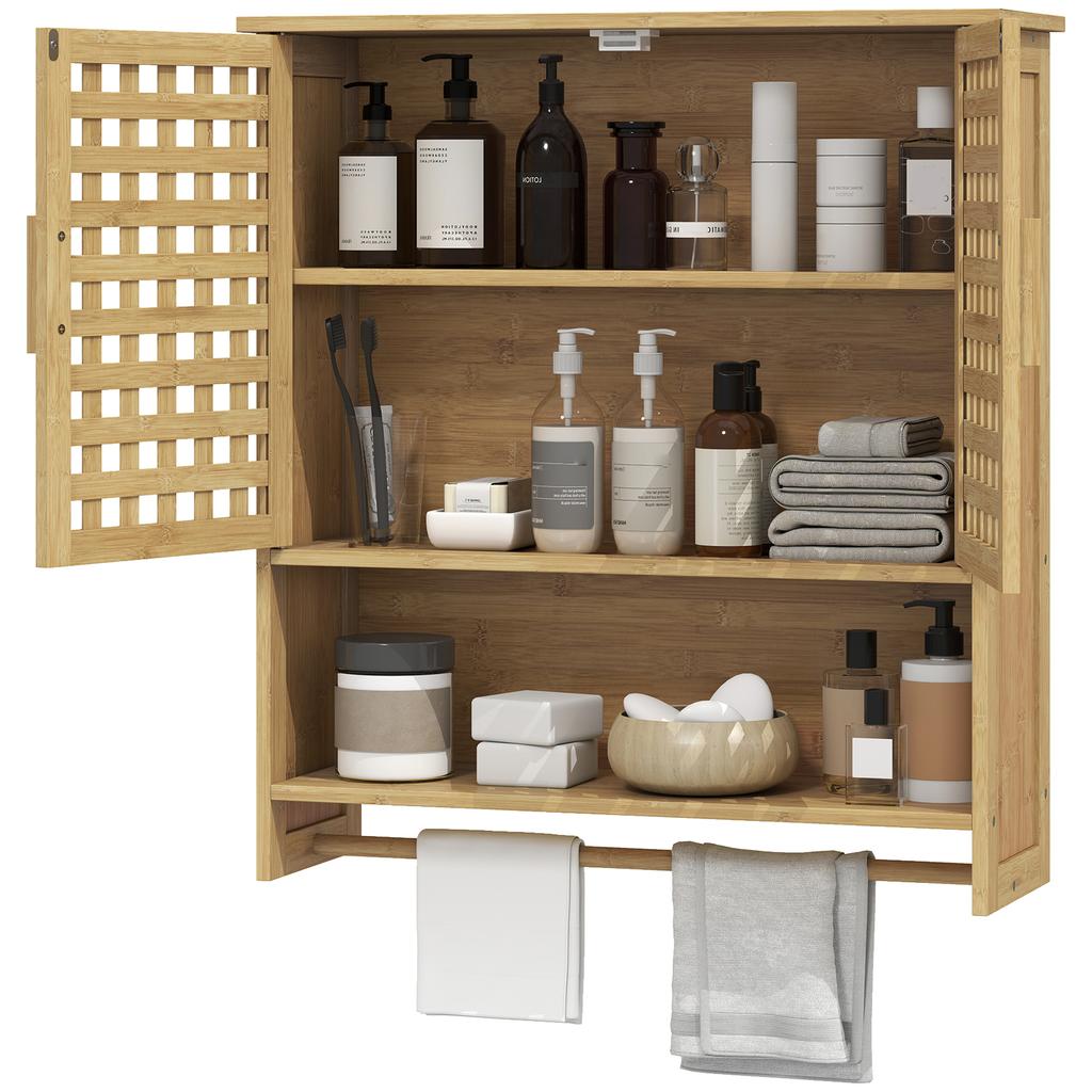 Bamboo Bathroom Wall Cabinet, 2 Slatted Doors, Open Compartment, Adjustable Shelf, Natural Wood