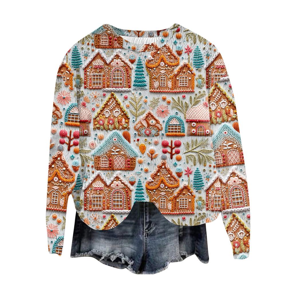 Women's Fashion Round Neck Pullover Top Long Sleeve Tee Christmas Printed Sweatshirt
