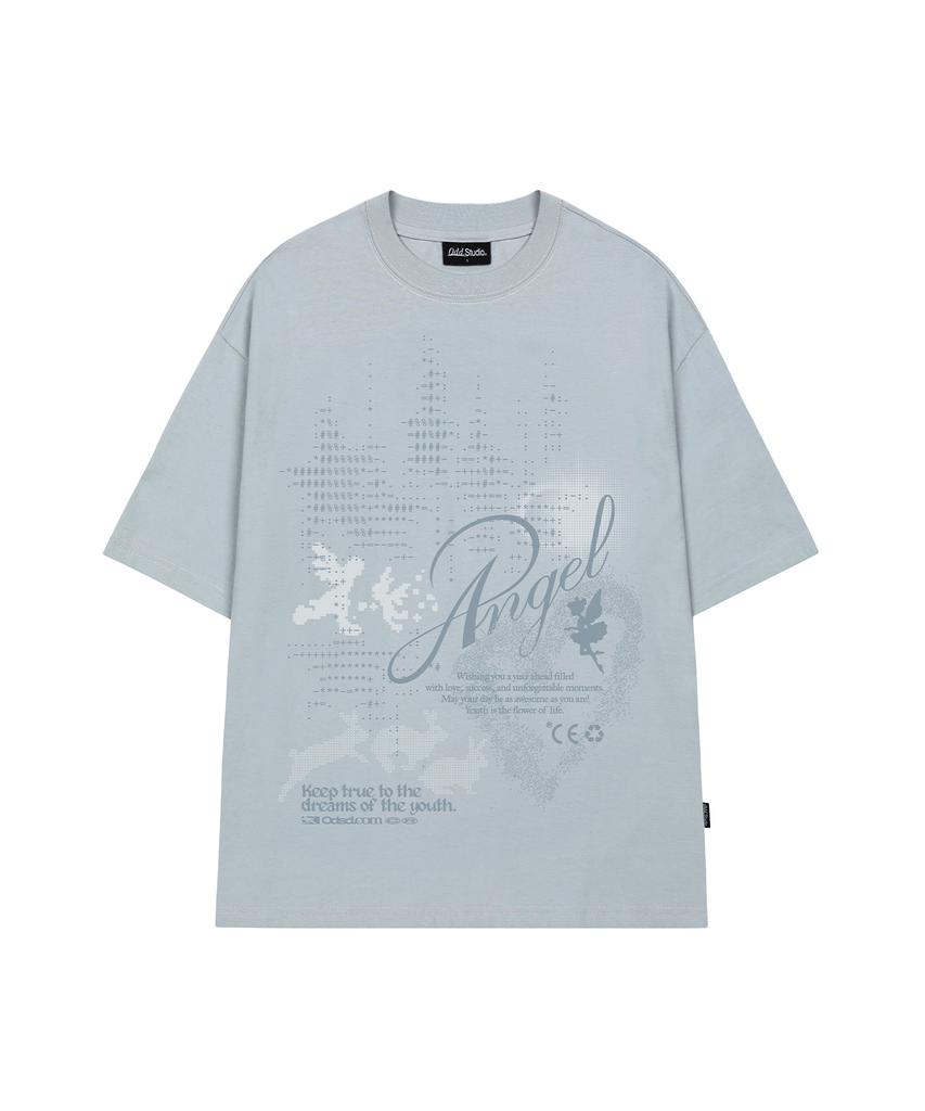 ODDSTUDIO Angel Rabbit Ascii Graphic Oversized T-Shirt - Grayish Blue