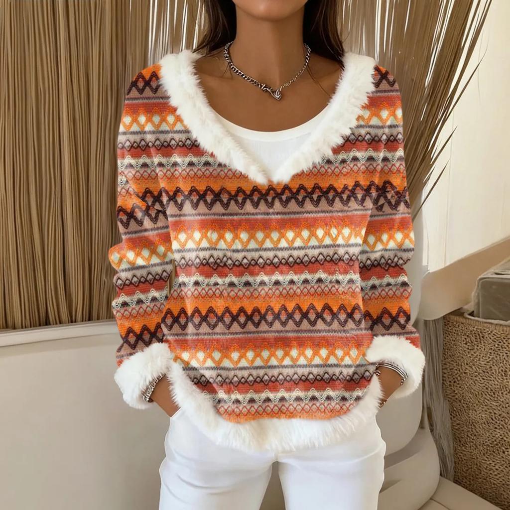 Dammode Plysch V-ringad Pullover Topp Långärmad T-shirt Tryckt Sweatshirt