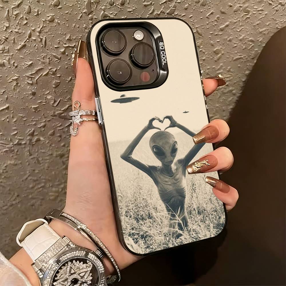 Funny Space UFO A-alien T-thing Phone Case For iPhone 17,16,15,14,13,12,11 Plus,Pro Max,XS,Colored Silver Plated Inside Cover