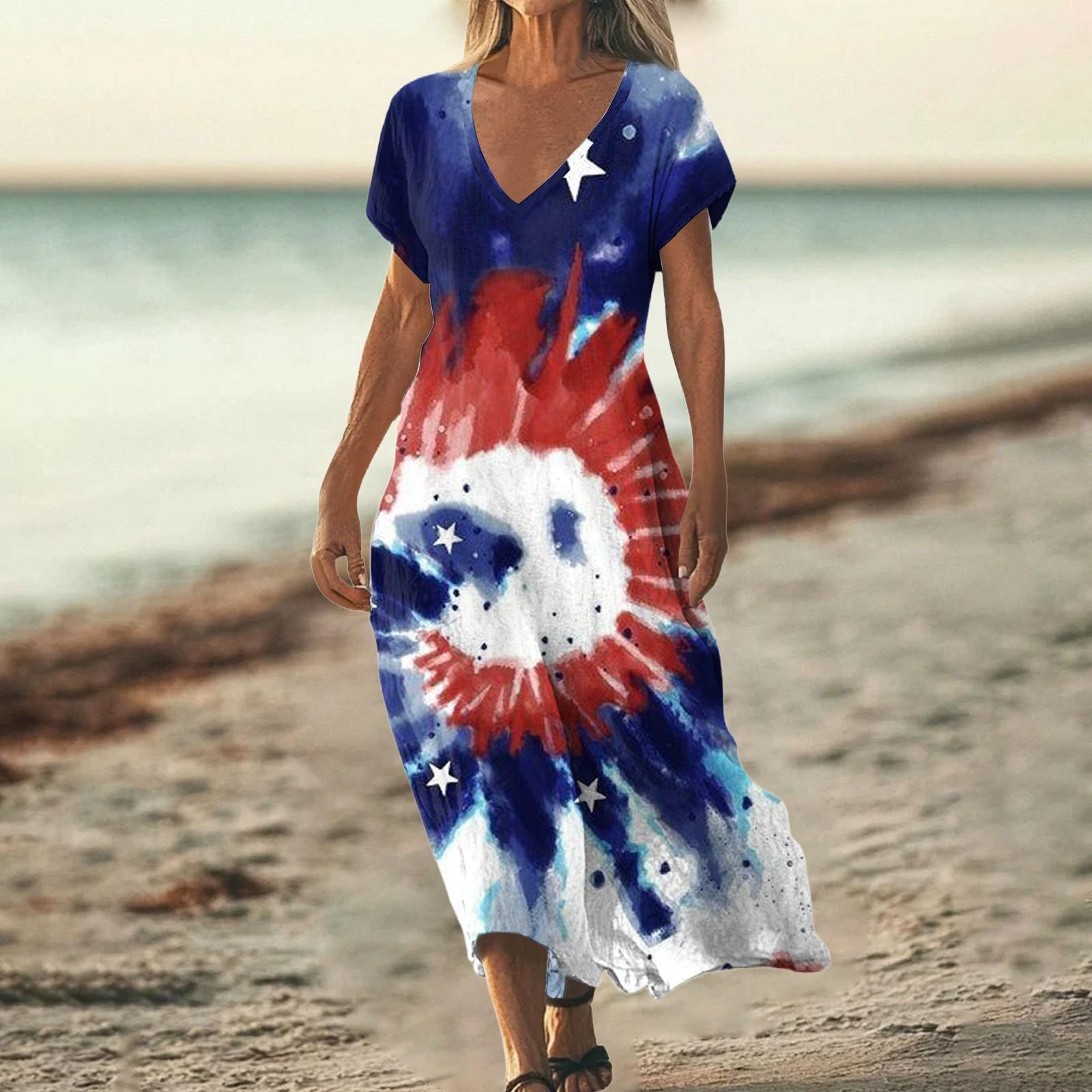 

Модное женское летнее пляжное платье с V-образным вырезом и коротким рукавом в стиле тай-дай в стиле ретро L