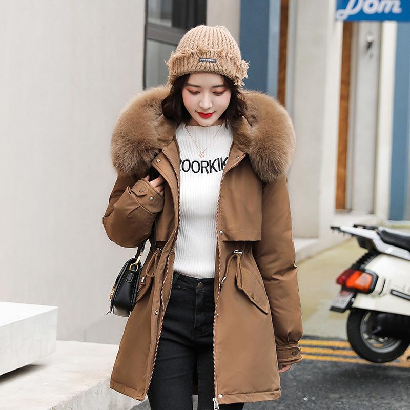 Giacca invernale da donna Parka Cappotto lungo alla moda Fodera in lana Parka con cappuccio Slim con collo in pelliccia Abiti imbottiti caldi per la neve