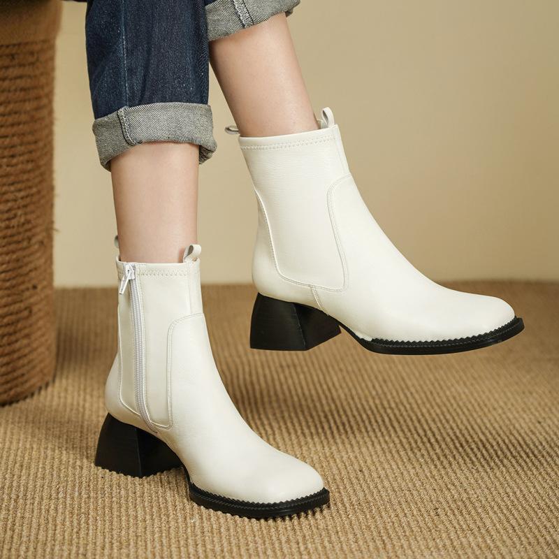 2025 autumn and winter square head Chelsea boots leather side zipper square heel Martin boots sheepskin