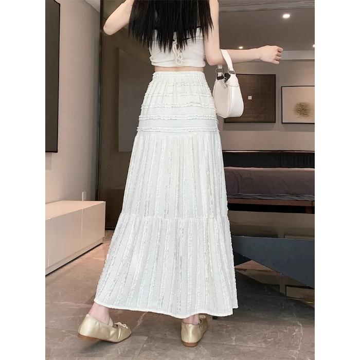 Summer women s clothing high-waisted A-shaped skirt, thin casual versatile skirt, long skirt, medium and long A-shaped ruffle leaf edge cake skirt S