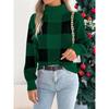 Women European Style Contrast Color Plaid High Neck Long Lantern Sleeve Pullover Sweater