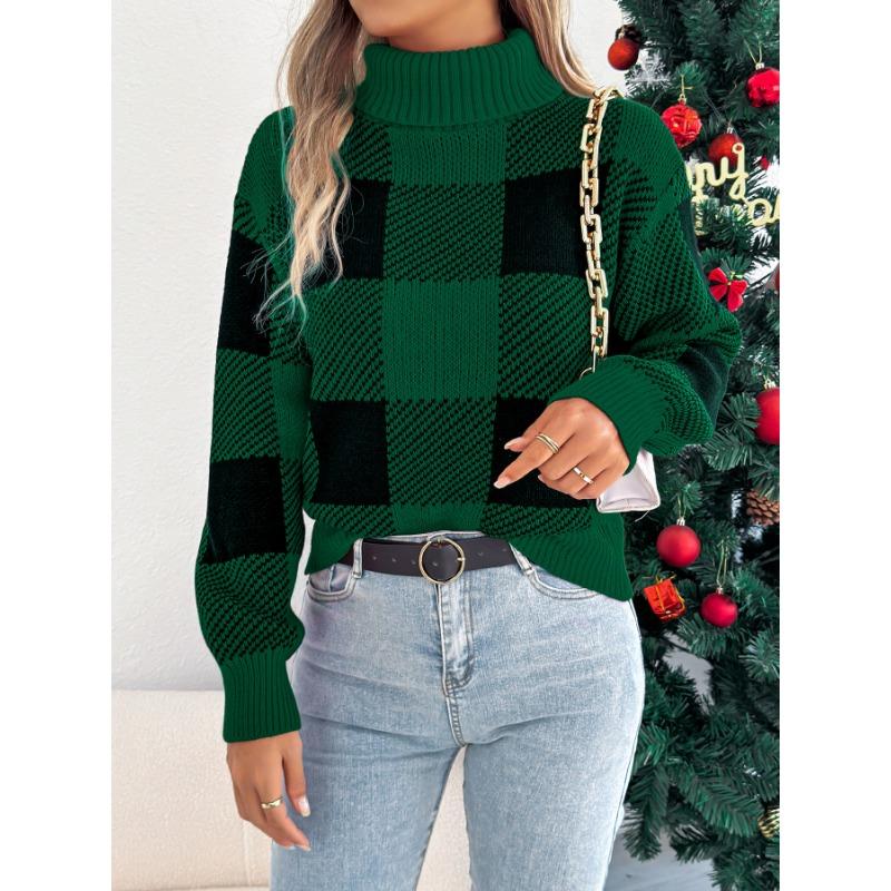 Women European Style Contrast Color Plaid High Neck Long Lantern Sleeve Pullover Sweater