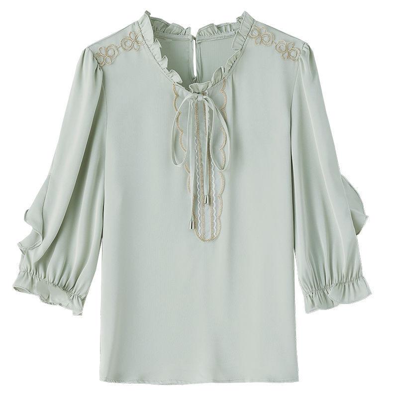 Top alla moda in raso da donna estate colore puro versatile elegante maniche a sette quarti camicetta elegante