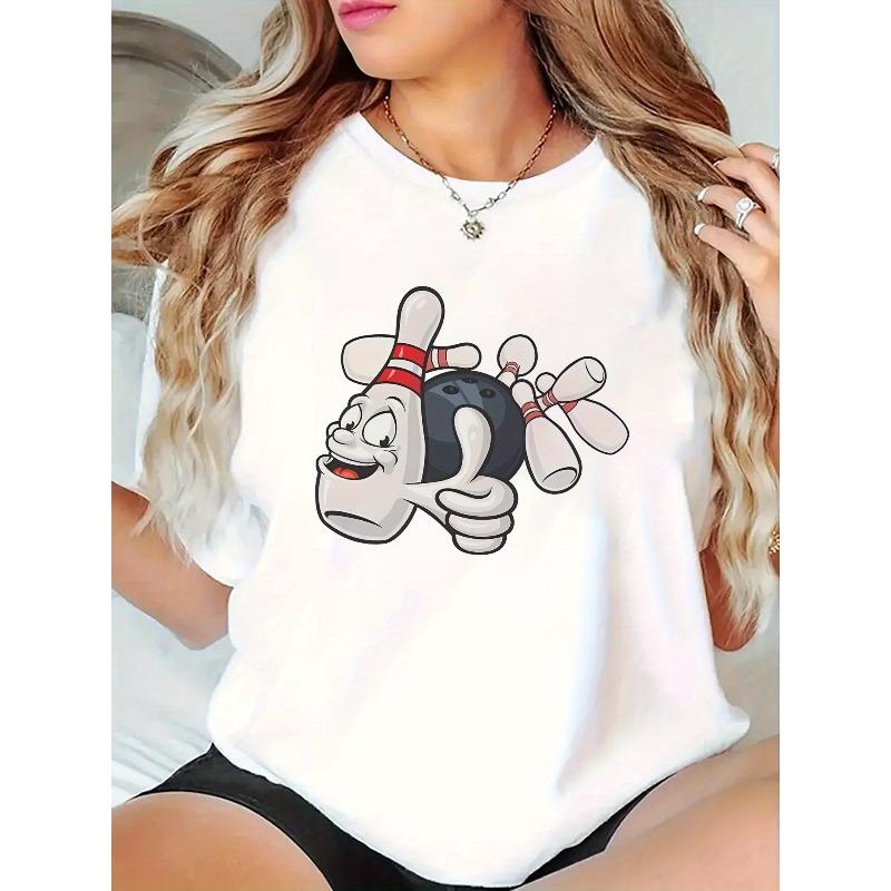 

Women s Cartoon Bowling Pin Thumbs Up Graphic T-Shirt Casual Short Sleeve Summer Tee S белый
