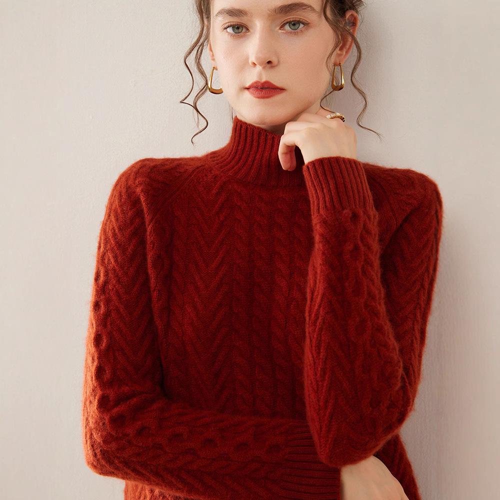 Women's Heavyweight Cashmere Sweater: Autumn-Winter Half-Neck Cable Knit Slim Pullover