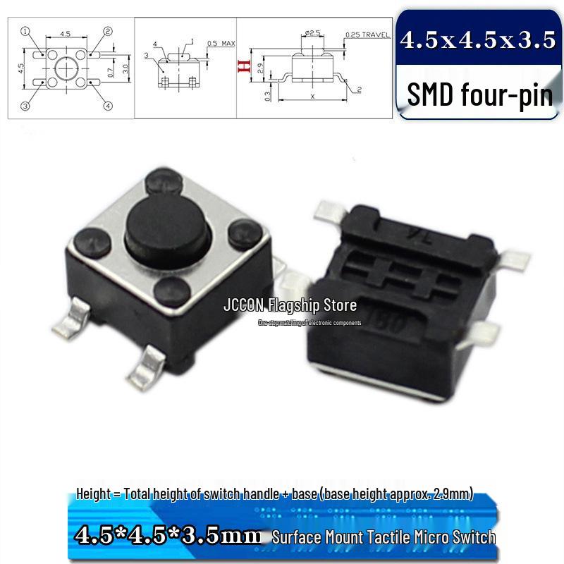 SMD Tactile Micro Switch 4.5x4.5mm, Height Options: 3.8-9mm, Copper Pins