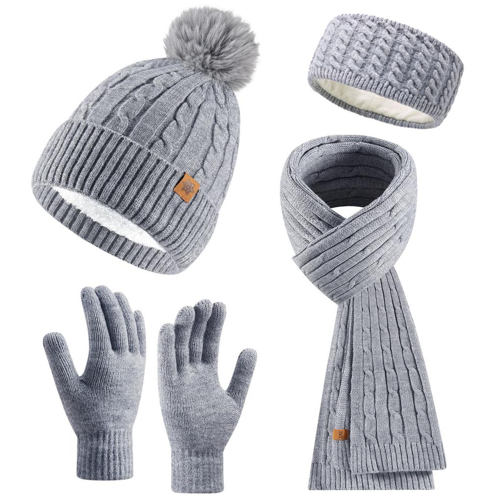 Autumn and Winter Knitted Hat, Scarf, Touch Screen Gloves, Headband, Four-piece Set, Double-layer Velvet Thermal Knitted Hat.