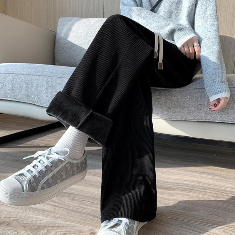 Autumn Straight Casual Loose Wide Leg Pants Women Fashion Winter High Waist Velvet Chenille Pants Ladies Elegant Drawstring Corduroy Trousers 25697