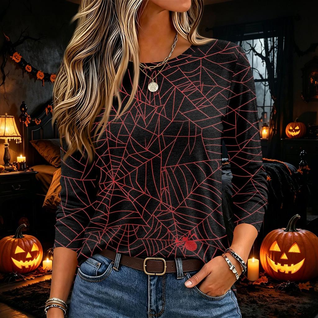 Damen Halloween Print Pullover Top mit langen Ärmeln und Rundhalsausschnitt
