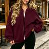 Women's Fashion Long Sleeve V-Neck Loose Fit Zip Up Jacket