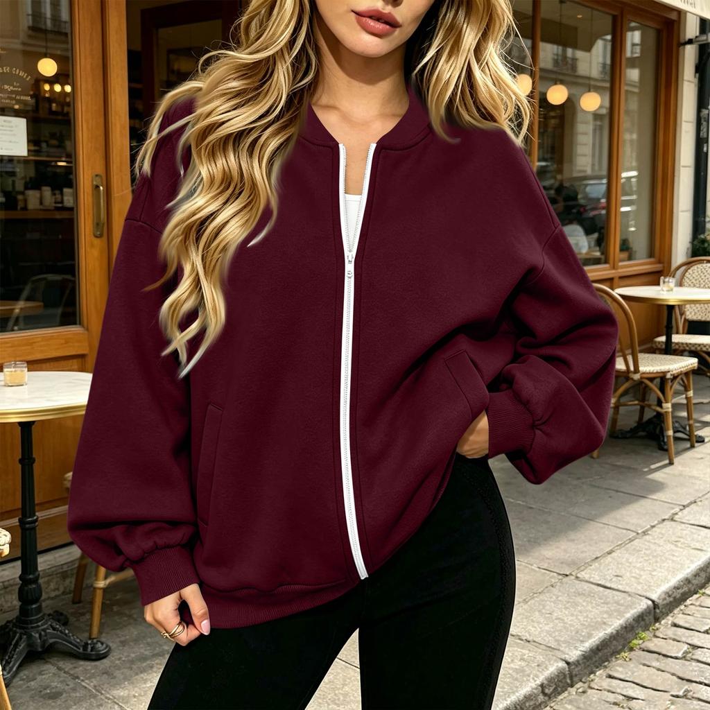 Women's Fashion Long Sleeve V-Neck Loose Fit Zip Up Jacket
