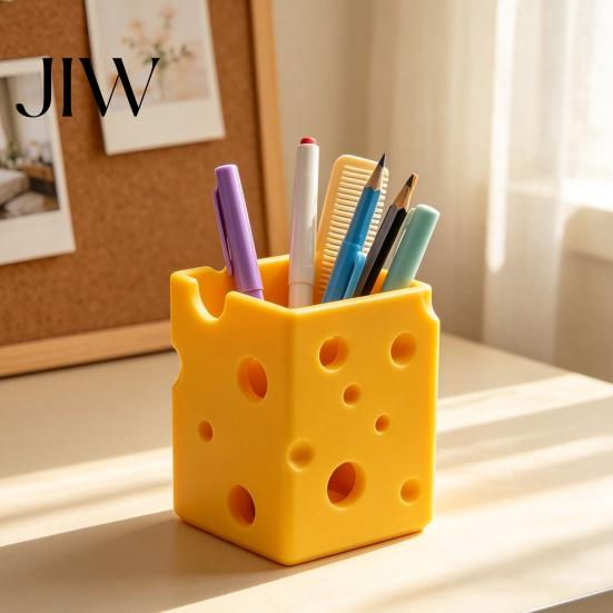 Modern Desk Decoration Creative 3D Printed Cheese Pen Holder, Cute Desktop Organizer, Plastic Stationery Holder Multifunctional Storage Ornament