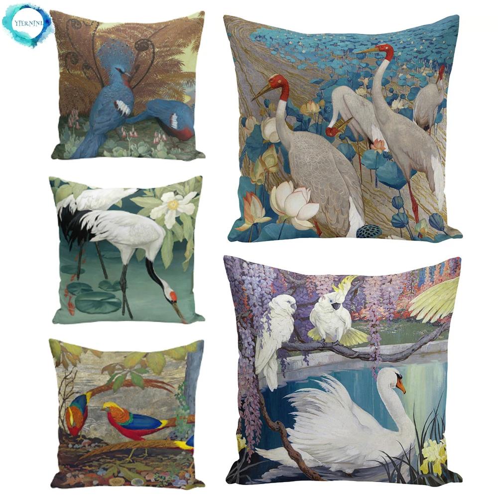 Retro Oil Painting Swan Fairy Crane Polyester Pillow Case Flower Flamingo Decorative Cushion Cover Sofa Chair Home Decor 45X45Cm