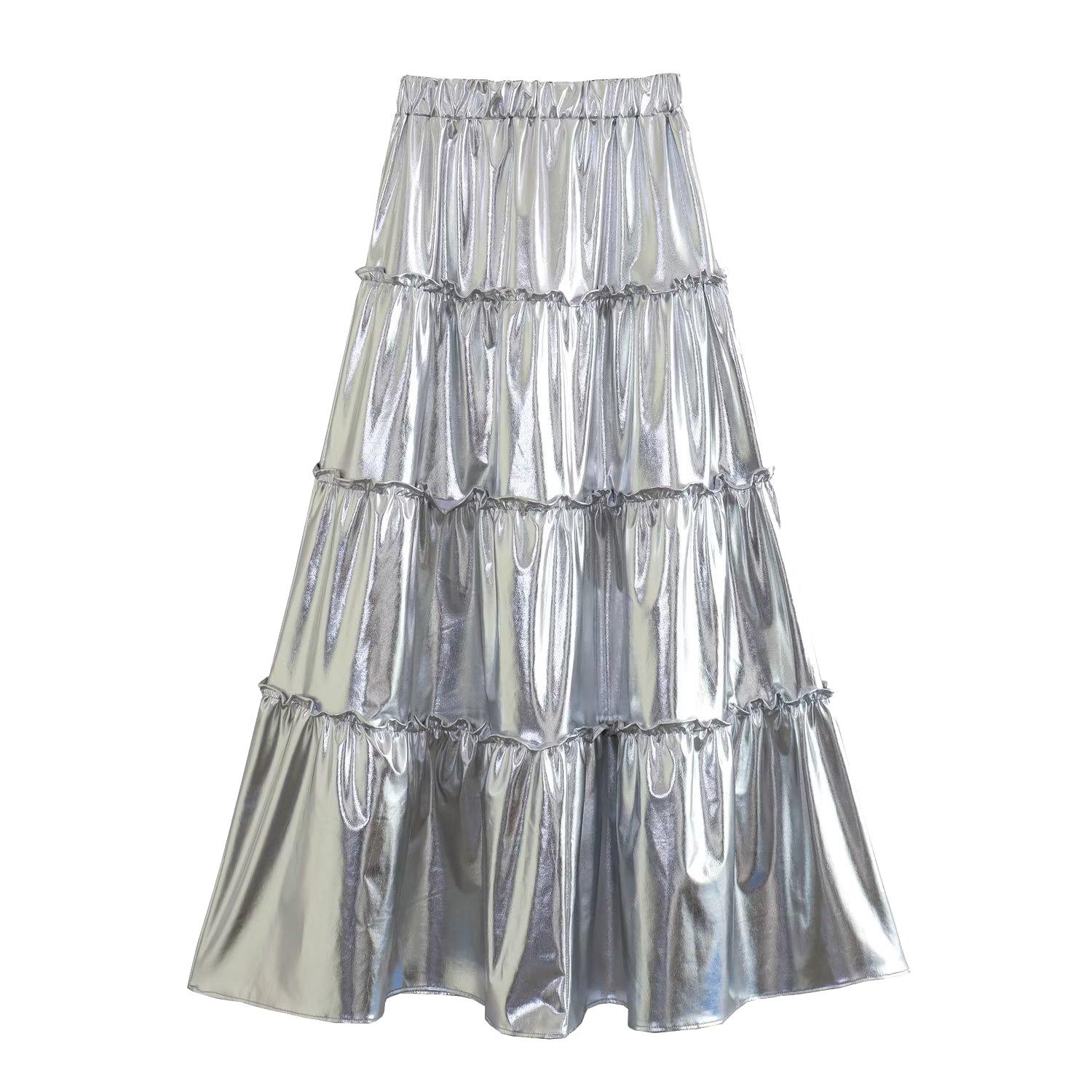 European & American Style Women s High Waist Slimming French Midi Skirt with Hot Stamping Design - Casual & Versatile. Large серебряный