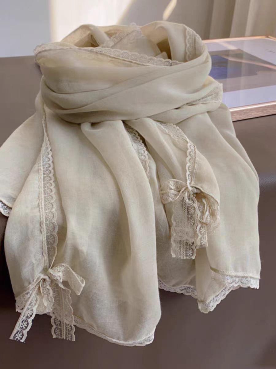 

Women s Solid Color Scarf Sunshade Shawl Scarf Cotton Linen Long Style Solid Color Lace Patchwork Scarf 95x195cm
