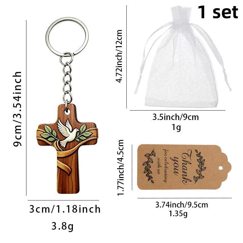 1/3 szt./1 zestaw Religijny Drewniany Krzyż Brelok Upominek Hurtowo Nadruk Gołębia Torebki Organzowe Metki Chrzest Kościół Ślub Mini Prezent dla Gości