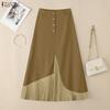 VONDA Women Casual Zip-up Waist Patchwork Pleating Loose A-line Long Skirts